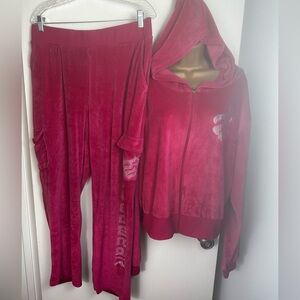 Roca Wear HotPink Velour Velvet Y2K Vintage? Rhinestone Jacket & Pants Set 2X/3X
